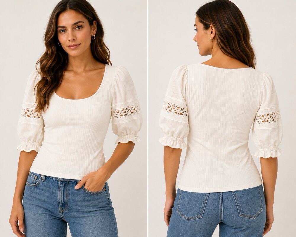 Free People NWT $68 Something Special Top White Ribbed Knit Puff Sleeve Ruffle
